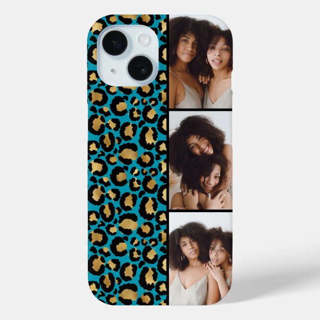 3 Photo Teal And Gold Leopard Print Case-Mate iPhone Case (Back)