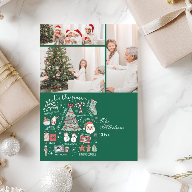 3 Photo Tis The Season Retro Green Christmas Holiday Card (Creator Uploaded)
