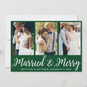 3 Photo Wedding Married and Merry Green Holiday Card