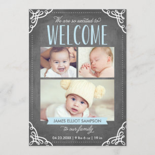 3-Photo Welcome Chalkboard Birth Announcement