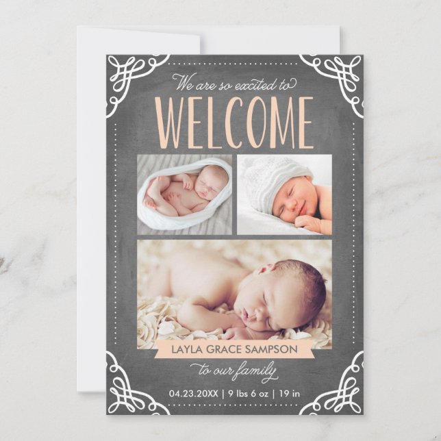 3-Photo Welcome Chalkboard | Birth Announcement (Front)