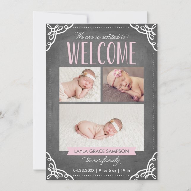 3-Photo Welcome Chalkboard | Birth Announcement (Front)