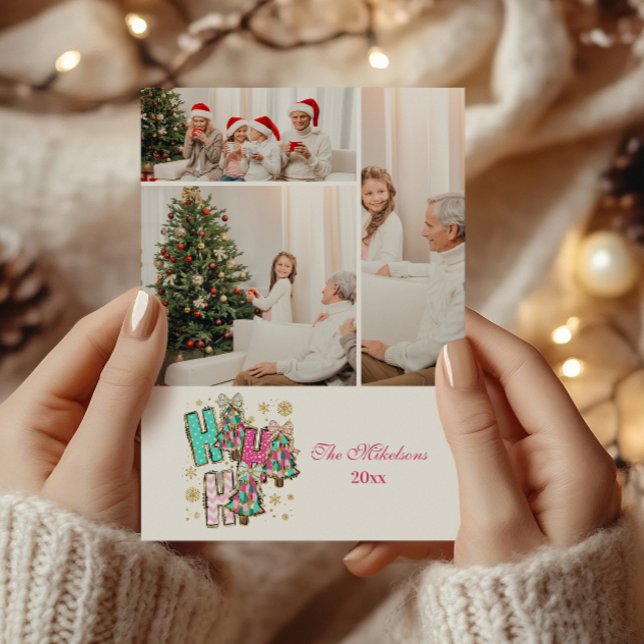 3 Photo Whimsical Ho Ho Ho Christmas Family  Holiday Card (Creator Uploaded)