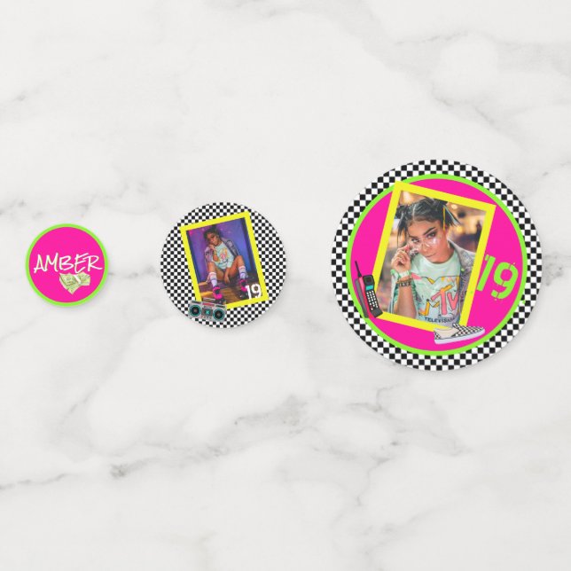 3 Photos & Age| Chequerboard 80's/90's Neon Retro Confetti (Fronts)