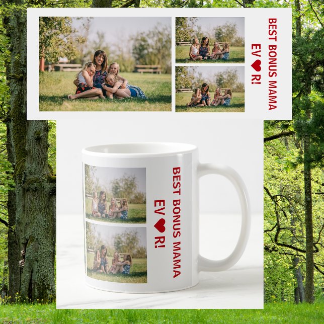 3 Photos Best Bonus Mama Ever Heart Photo Collage Coffee Mug (Best Bonus Mama Ever, heart. Photo collage, 3 personalized photos. Elegant, Minimalist Mother's Day)