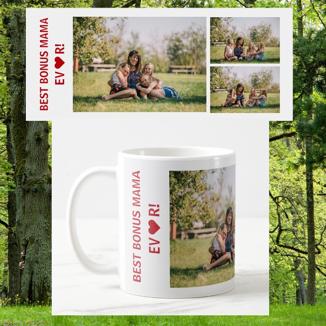 3 Photos Best Bonus Mama Ever Heart Photo Collage Coffee Mug (Best Bonus Mama Ever, heart. Photo collage, 3 personalized photos. Elegant, Modern Mother's Day gift)