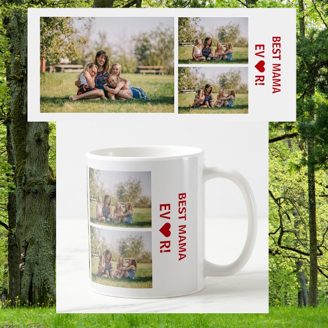 3 Photos Best Mama Ever Photo Collage Mother's Day Coffee Mug (Best Mama Ever, heart. Photo collage, 3 personalized photos. Elegant, Minimalist Mother's Day / bday)
