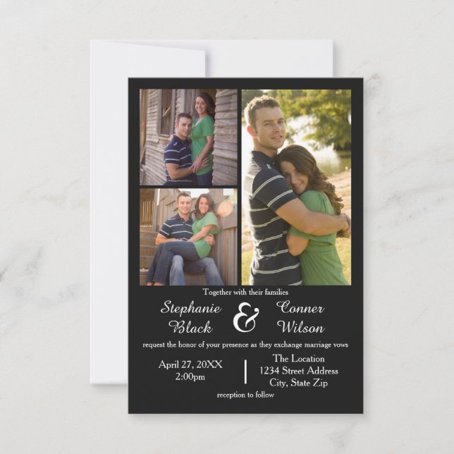 3 Photos Black - 3x5 Wedding Invitation (Front)