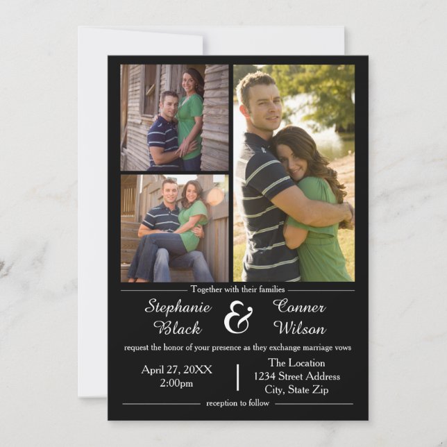 3 Photos Black - Wedding Invitation (Front)