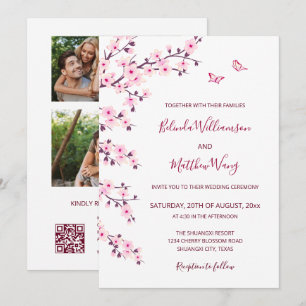 3 Photos   Cherry Blossoms Pink White Wedding Invitation