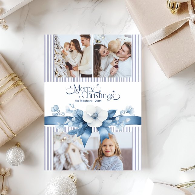 3 Photos Chinoiserie Chic Blue Christmas Holiday Card (Creator Uploaded)