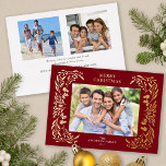 3 Photos Christmas Greenery Gold Foil Holiday Card<br><div class="desc">This horizontal dark red Christmas card features elegant gold foil Christmas greenery that frames the photo. The back side offers 2 additional square photos and custom text for a personal message.</div>