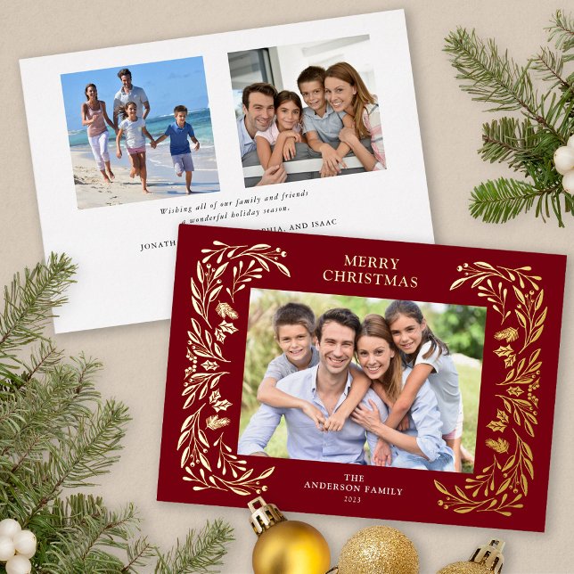 3 Photos Christmas Greenery Gold Foil Holiday Card (3 Photos Gold Foil Christmas card)
