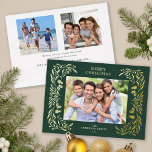 3 Photos Christmas Greenery Gold Foil Holiday Card<br><div class="desc">This horizontal dark green Christmas card features elegant gold foil Christmas greenery that frames the photo. The back side offers 2 additional square photos and custom text for a personal message.</div>