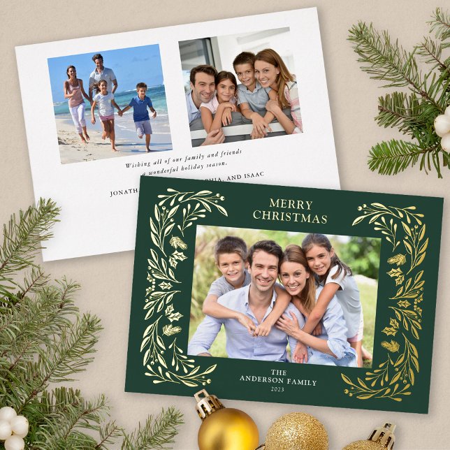 3 Photos Christmas Greenery Gold Foil Holiday Card (Gold Foil, 3 Photos Christmas card)