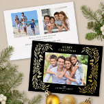 3 Photos Christmas Greenery Gold Foil Holiday Card<br><div class="desc">This horizontal black Christmas card showcases elegant gold foil winter greenery that frames the photo. The back side offers 2 additional square photos and custom text for a personal message.</div>
