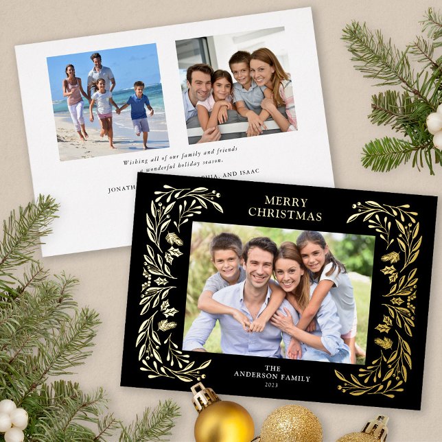 3 Photos Christmas Greenery Gold Foil Holiday Card (Gold Foil 3 Photos Christmas card)