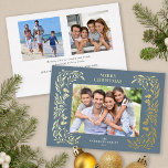 3 Photos Christmas Greenery Gold Foil Holiday Card<br><div class="desc">This horizontal dusty blue Christmas card features elegant gold foil winter greenery that frames the photo. The back side offers 2 additional square photos and custom text for a personal message.</div>
