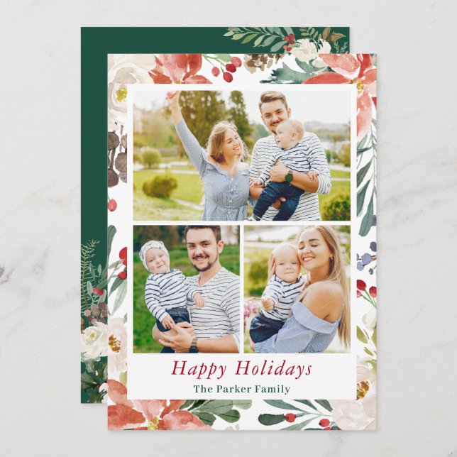 3 Photos Collage Christmas Poinsettia Ivory Floral Holiday Card (Front/Back)