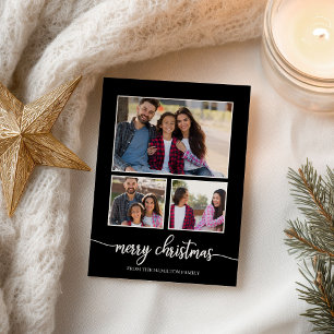 3 Photos Collage Cute Script Merry Christmas Black Postcard