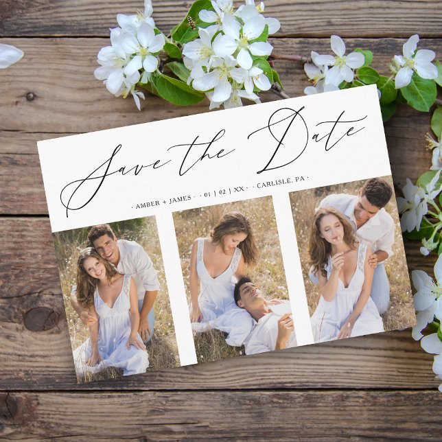 3 Photos Collage Engaged Chic Romantic Wedding Save The Date (Creator Uploaded)