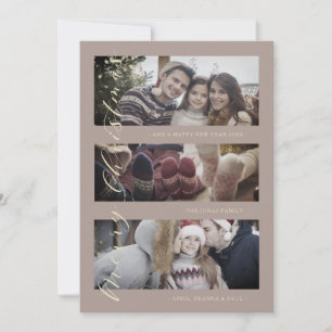 3 Photos Collage Golden Effect Christmas Photo Holiday Card