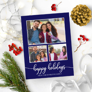 3 Photos Collage Happy Holidays Modern Navy Blue Postcard