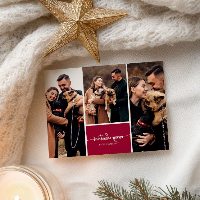 3 Photos Collage Stylish Script Merry Christmas Postcard (Creator Uploaded)