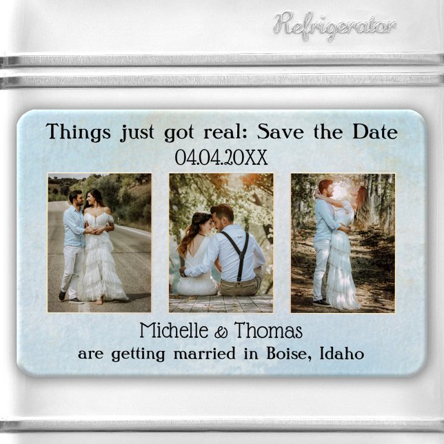 3 Photos Dusty Blue Save the Date Magnet (Save the Date magnet featuring 3 of your own photos framed by a dusty blue watercolor design.)