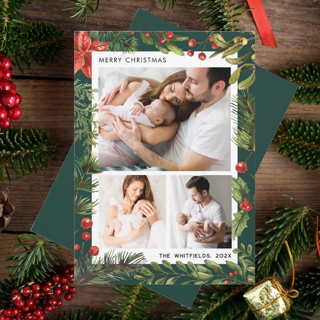 3 Photos Family Christmas Holidays Botanical Holiday Card (Christmas Holidays Family Photo Collage Greetings Card)