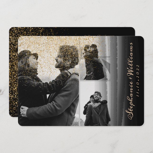 3 photos gold glitter Black Watercolor Wedding Invitation (Front/Back)