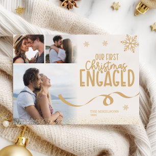 3 photos Gold Glitter First Christmas Engaged Holiday Card