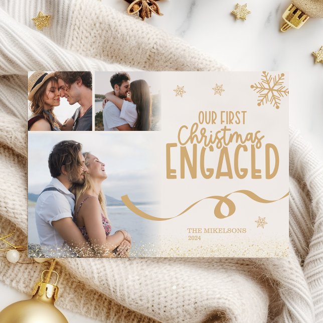 3 photos Gold Glitter First Christmas Engaged Holiday Card (Creator Uploaded)