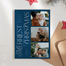 3 Photos Merriest Christmas Blue Holiday Card
