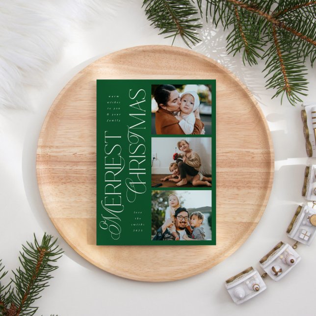 3 Photos Merriest Christmas Green Holiday Card (Creator Uploaded)