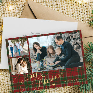 3 photos Merry Christmas elegant script red plaid  Holiday Card