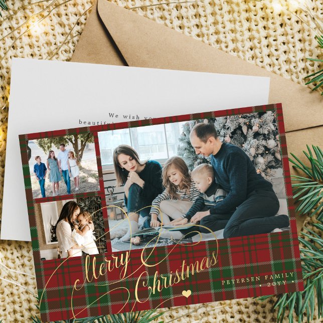 3 photos Merry Christmas elegant script red plaid  Holiday Card (Creator Uploaded)