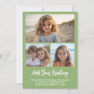 3 Photos - Minimal Sage Green and White Text Holiday Card