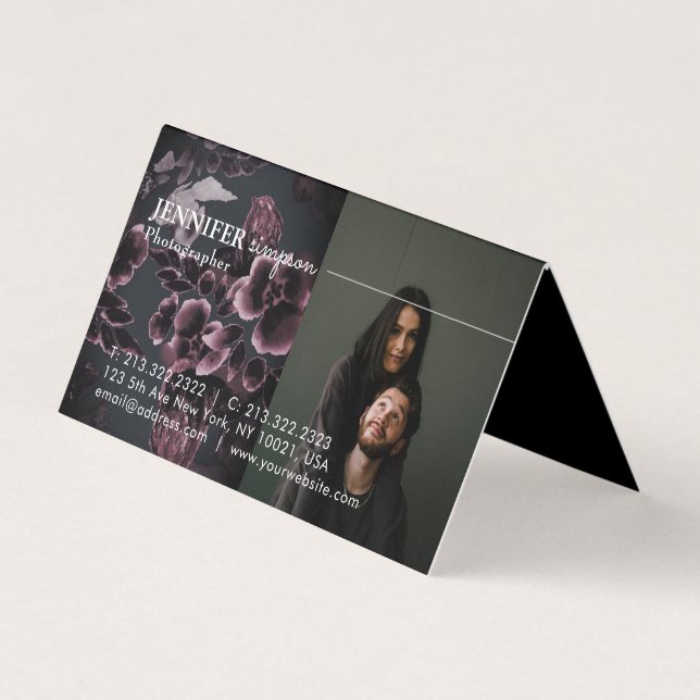 3 Photos Navy Blue and Burgundy Floral Pattern Business Card (Front)