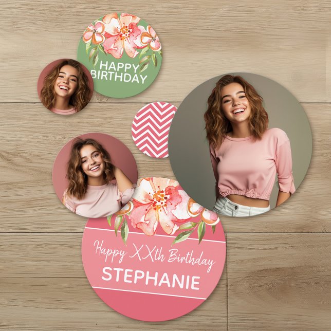3 Photos Painted Flowers Happy Birthday Party Confetti (Custom Photo Confetti)