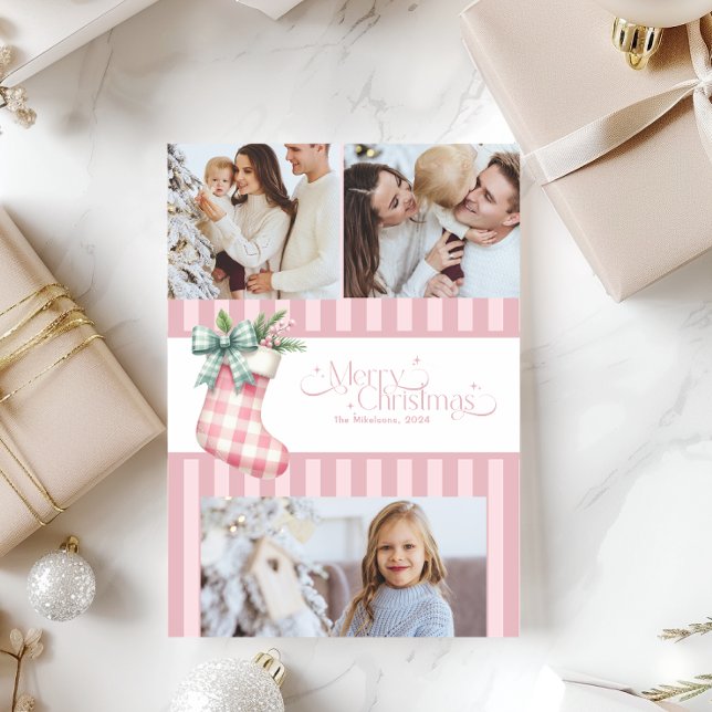 3 Photos Pink Coquette Christmas Holiday Card (Creator Uploaded)