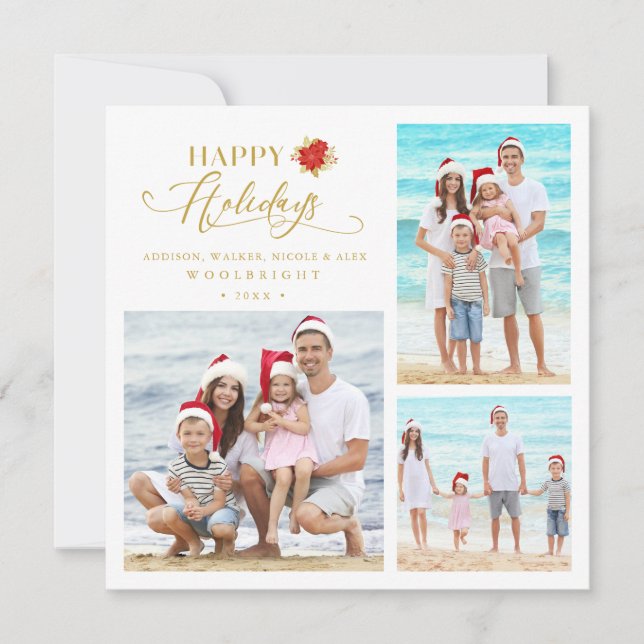 3 Photos Poinsettias Whimsical Happy Holidays Holiday Card (Front)