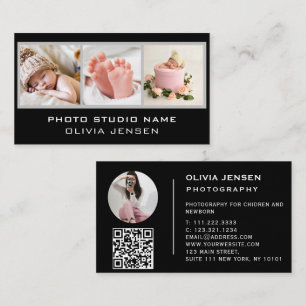3 Photos QR Code Baby Photographer Black Business Card