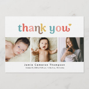 3 Photos Rainbow Baby Shower Trendy typography Thank You Card