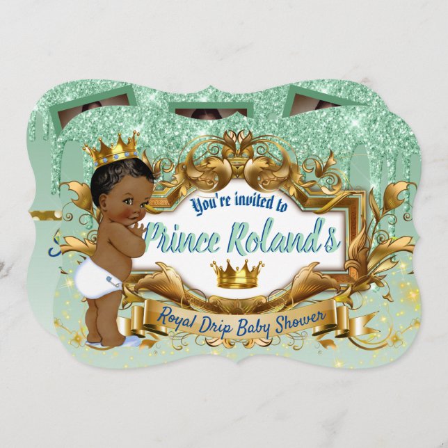 3 Photos| Royal African Prince| Green Glitter Drip Invitation (Front/Back)