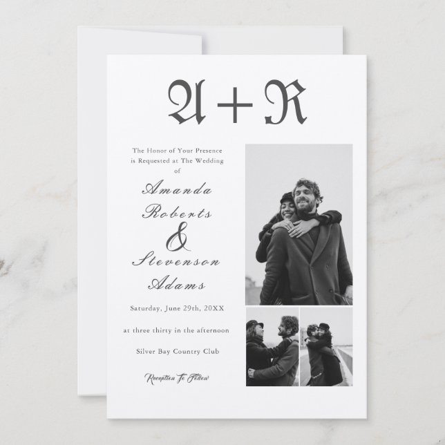 3 Photos Rustic Black Typography Monogram Wedding Invitation (Front)