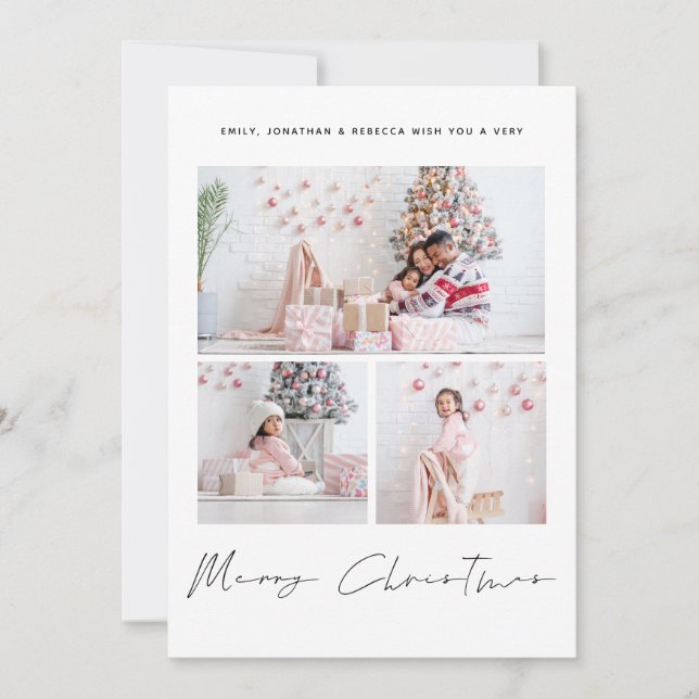 3 Photos Script Family Merry Christmas Holiday Card (Front)