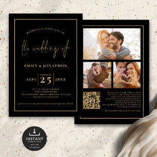 3 Photos Script Line QR Code Black Gold Wedding Invitation