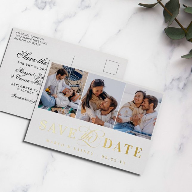 3 Photos White & Gold Foil Save the Date Foil Invitation Postcard (Creator Uploaded)