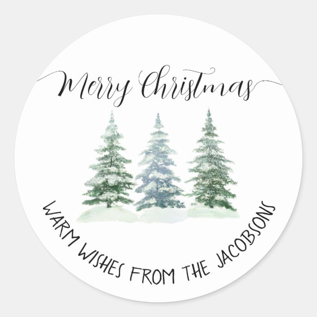 3 Pine Trees Simple Rustic Merry Christmas Classic Round Sticker (Front)